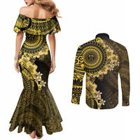 Vanuatu Couples Matching Mermaid Dress and Long Sleeve Button Shirt Hibisus Polynesian Pattern Gold LT14 - Polynesian Pride