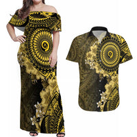 Vanuatu Couples Matching Off Shoulder Maxi Dress and Hawaiian Shirt Hibisus Polynesian Pattern Gold LT14 Gold - Polynesian Pride