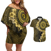 Vanuatu Couples Matching Off Shoulder Short Dress and Hawaiian Shirt Hibisus Polynesian Pattern Gold LT14 Gold - Polynesian Pride