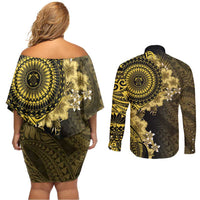 Vanuatu Couples Matching Off Shoulder Short Dress and Long Sleeve Button Shirt Hibisus Polynesian Pattern Gold LT14 - Polynesian Pride