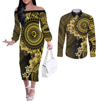 Vanuatu Couples Matching Off The Shoulder Long Sleeve Dress and Long Sleeve Button Shirt Hibisus Polynesian Pattern Gold LT14 Gold - Polynesian Pride