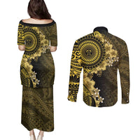 Vanuatu Couples Matching Puletasi and Long Sleeve Button Shirt Hibisus Polynesian Pattern Gold LT14 - Polynesian Pride