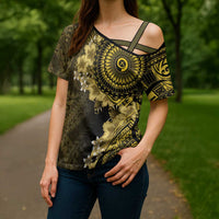 Vanuatu Cross Shoulder Shirt Hibisus Polynesian Pattern Gold LT14 - Polynesian Pride