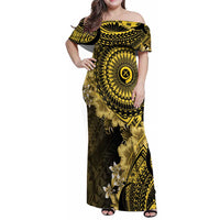 Vanuatu Family Matching Off Shoulder Maxi Dress and Hawaiian Shirt Hibisus Polynesian Pattern Gold LT14 Mom's Dress Gold - Polynesian Pride