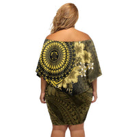 Vanuatu Off Shoulder Short Dress Hibisus Polynesian Pattern Gold - Polynesian Pride