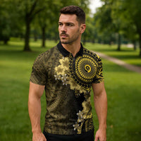 Vanuatu Zipper Polo Shirt Hibisus Polynesian Pattern Gold LT14 - Polynesian Pride