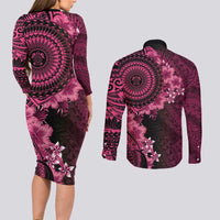 Vanuatu Couples Matching Long Sleeve Bodycon Dress and Long Sleeve Button Shirt Hibisus Polynesian Pattern Pink LT14 - Polynesian Pride