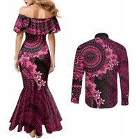 Vanuatu Couples Matching Mermaid Dress and Long Sleeve Button Shirt Hibisus Polynesian Pattern Pink LT14 - Polynesian Pride