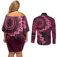 Vanuatu Couples Matching Off Shoulder Short Dress and Long Sleeve Button Shirt Hibisus Polynesian Pattern Pink LT14 - Polynesian Pride
