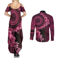 Vanuatu Couples Matching Summer Maxi Dress and Long Sleeve Button Shirt Hibisus Polynesian Pattern Pink LT14 - Polynesian Pride