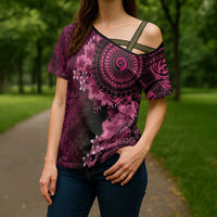 Vanuatu Cross Shoulder Shirt Hibisus Polynesian Pattern Pink LT14 - Polynesian Pride
