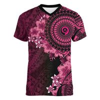 Vanuatu Women V-Neck T-Shirt Hibisus Polynesian Pattern Pink - Polynesian Pride
