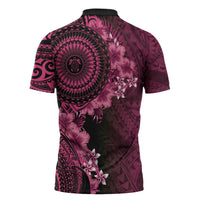 Vanuatu Zipper Polo Shirt Hibisus Polynesian Pattern Pink LT14 - Polynesian Pride