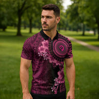 Vanuatu Zipper Polo Shirt Hibisus Polynesian Pattern Pink LT14 - Polynesian Pride
