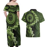 Vanuatu Couples Matching Off Shoulder Maxi Dress and Hawaiian Shirt Hibisus Polynesian Pattern Green LT14 - Polynesian Pride