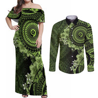 Vanuatu Couples Matching Off Shoulder Maxi Dress and Long Sleeve Button Shirt Hibisus Polynesian Pattern Green LT14 Green - Polynesian Pride