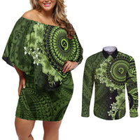 Vanuatu Couples Matching Off Shoulder Short Dress and Long Sleeve Button Shirt Hibisus Polynesian Pattern Green LT14 Green - Polynesian Pride