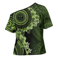 Vanuatu Cross Shoulder Shirt Hibisus Polynesian Pattern Green LT14 - Polynesian Pride