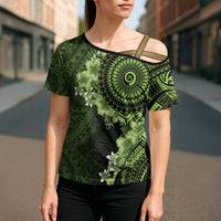 Vanuatu Cross Shoulder Shirt Hibisus Polynesian Pattern Green LT14 - Polynesian Pride