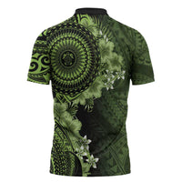 Vanuatu Zipper Polo Shirt Hibisus Polynesian Pattern Green LT14 - Polynesian Pride