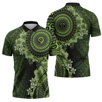 Vanuatu Zipper Polo Shirt Hibisus Polynesian Pattern Green LT14 - Polynesian Pride