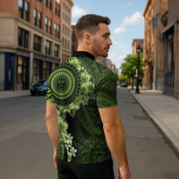 Vanuatu Zipper Polo Shirt Hibisus Polynesian Pattern Green LT14 - Polynesian Pride