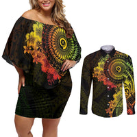 Vanuatu Couples Matching Off Shoulder Short Dress and Long Sleeve Button Shirt Hibisus Polynesian Pattern Reggae LT14 Reggae - Polynesian Pride