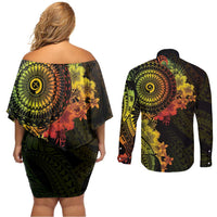 Vanuatu Couples Matching Off Shoulder Short Dress and Long Sleeve Button Shirt Hibisus Polynesian Pattern Reggae LT14 - Polynesian Pride