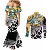 New Zealand Australia Rugby Custom Couples Matching Mermaid Dress and Long Sleeve Button Shirt Wallabies Aboriginal All Black Maori Tiki Together - Polynesian Pride
