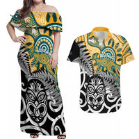 New Zealand Australia Rugby Custom Couples Matching Off Shoulder Maxi Dress and Hawaiian Shirt Wallabies Aboriginal All Black Maori Tiki Together - Polynesian Pride