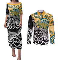 New Zealand Australia Rugby Custom Couples Matching Puletasi and Long Sleeve Button Shirt Wallabies Aboriginal All Black Maori Tiki Together - Polynesian Pride