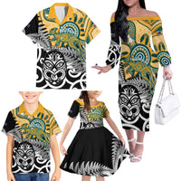 New Zealand Australia Rugby Custom Family Matching Off The Shoulder Long Sleeve Dress and Hawaiian Shirt Wallabies Aboriginal All Black Maori Tiki Together - Polynesian Pride