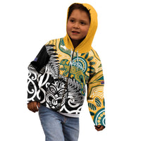 New Zealand Australia Rugby Custom Kid Hoodie Wallabies Aboriginal All Black Maori Tiki Together - Polynesian Pride
