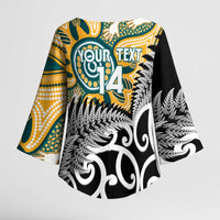 New Zealand Australia Rugby Custom Kimono Sleeve Blouse Wallabies Aboriginal All Black Maori Tiki Together - Polynesian Pride