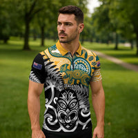 New Zealand Australia Rugby Custom Zipper Polo Shirt Wallabies Aboriginal All Black Maori Tiki Together - Polynesian Pride