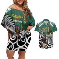 New Zealand South Africa Rugby Custom Couples Matching Off Shoulder Short Dress and Hawaiian Shirt Springboks Kente All Black Maori Together - Polynesian Pride