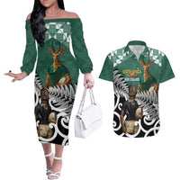 New Zealand South Africa Rugby Custom Couples Matching Off The Shoulder Long Sleeve Dress and Hawaiian Shirt Springboks Kente All Black Maori Together - Polynesian Pride