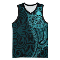 New Zealand Skull Darts Basketball Jersey Aotearoa Maori Chest Tattoo Stylized Teal - Polynesian Pride