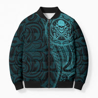 New Zealand Skull Darts Bomber Puffer Jacket Aotearoa Maori Chest Tattoo Stylized Teal - Polynesian Pride