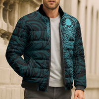 New Zealand Skull Darts Bomber Puffer Jacket Aotearoa Maori Chest Tattoo Stylized Teal - Polynesian Pride