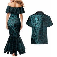 New Zealand Skull Darts Couples Matching Mermaid Dress and Hawaiian Shirt Aotearoa Maori Chest Tattoo Stylized Teal - Polynesian Pride
