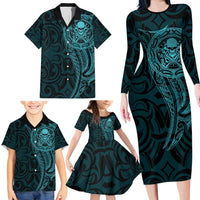 New Zealand Skull Darts Family Matching Long Sleeve Bodycon Dress and Hawaiian Shirt Aotearoa Maori Chest Tattoo Stylized Teal - Polynesian Pride