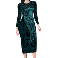 New Zealand Skull Darts Family Matching Long Sleeve Bodycon Dress and Hawaiian Shirt Aotearoa Maori Chest Tattoo Stylized Teal - Polynesian Pride