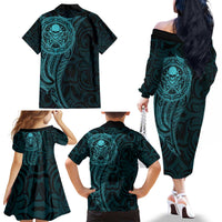 New Zealand Skull Darts Family Matching Off The Shoulder Long Sleeve Dress and Hawaiian Shirt Aotearoa Maori Chest Tattoo Stylized Teal - Polynesian Pride