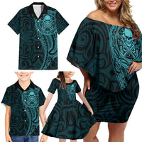 New Zealand Skull Darts Family Matching Off Shoulder Short Dress and Hawaiian Shirt Aotearoa Maori Chest Tattoo Stylized Teal - Polynesian Pride