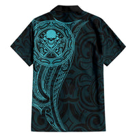 New Zealand Skull Darts Family Matching Off Shoulder Short Dress and Hawaiian Shirt Aotearoa Maori Chest Tattoo Stylized Teal - Polynesian Pride