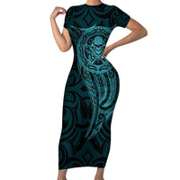 New Zealand Skull Darts Family Matching Short Sleeve Bodycon Dress and Hawaiian Shirt Aotearoa Maori Chest Tattoo Stylized Teal - Polynesian Pride