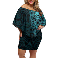 New Zealand Skull Darts Off Shoulder Short Dress Aotearoa Maori Chest Tattoo Stylized Teal - Polynesian Pride