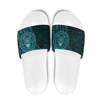 New Zealand Skull Darts Slide Sandals Aotearoa Maori Chest Tattoo Stylized Teal - Polynesian Pride