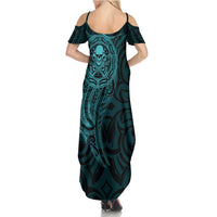 New Zealand Skull Darts Summer Maxi Dress Aotearoa Maori Chest Tattoo Stylized Teal - Polynesian Pride